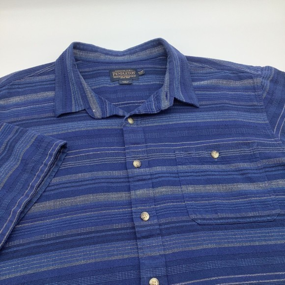 Pendleton Mens Short Sleeve Button Up Shirt Blue Striped Size XXL Fitted